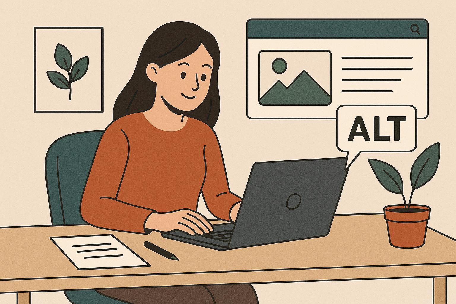 Женщина за деревянным столом работает за ноутбуком, на экране открыт интерфейс с изображением окна браузера. Рядом — зелёное растение и картина с листом. Иллюстрация символизирует создание alt-текста для изображения на сайте