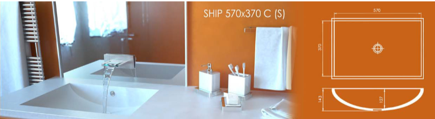 Раковина SHIP 570x370 C (S) из акрилового камня, размеры: ширина 570 мм, глубина 370 мм, высота борта 143 мм. Схема параметров и монтажных характеристик.