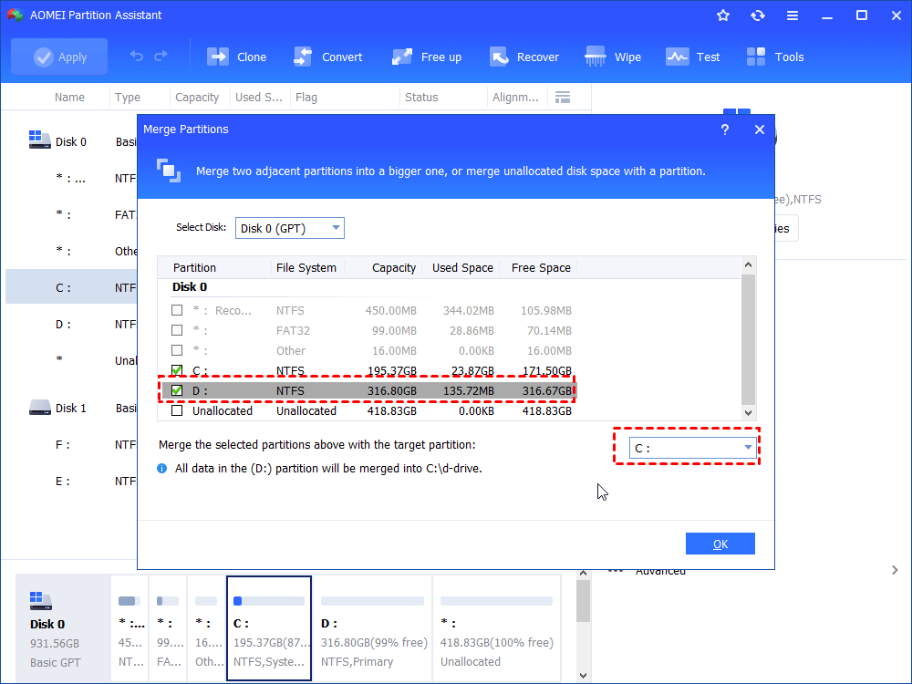 Step 2. Choose the partition and unallocated space you want to merge into C drive, then click “OK”.