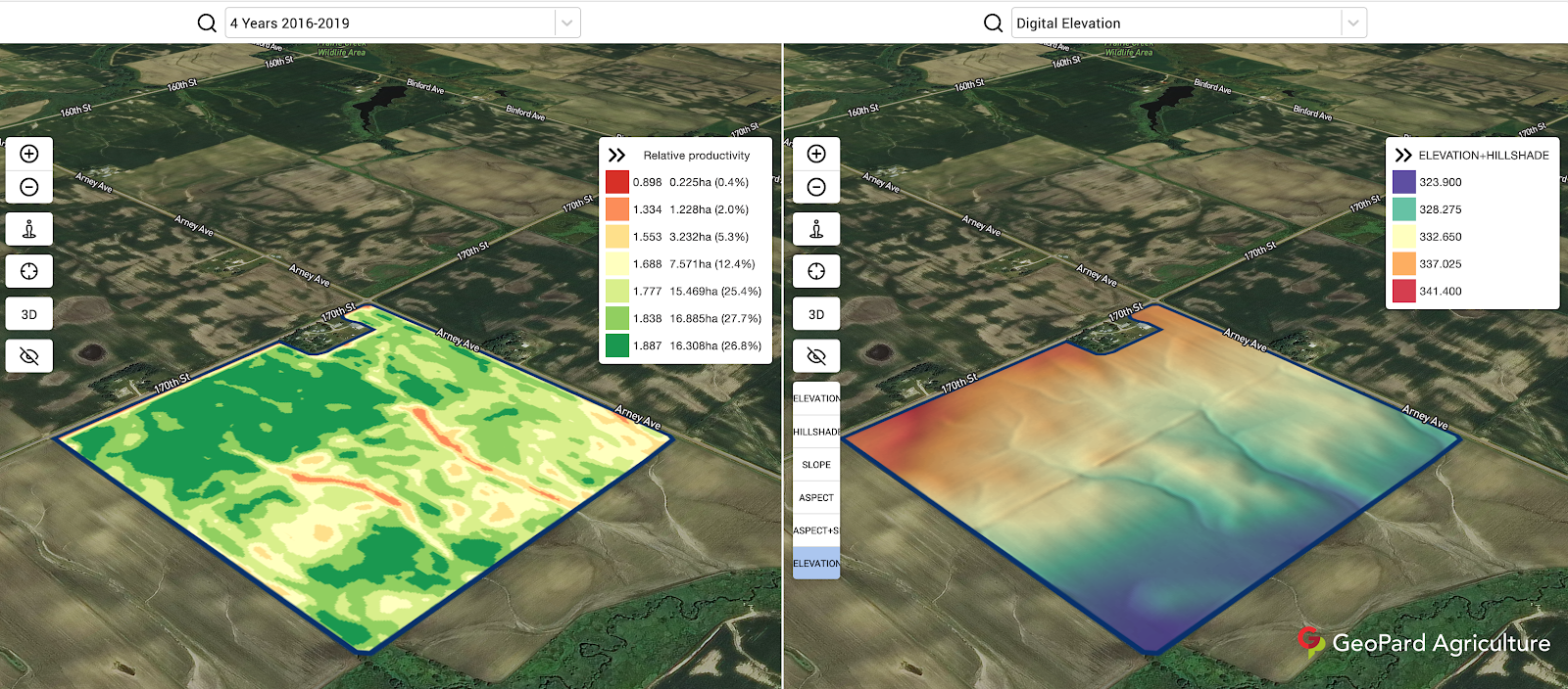 GeoPard correlation of topography and multi-year crop development pattern