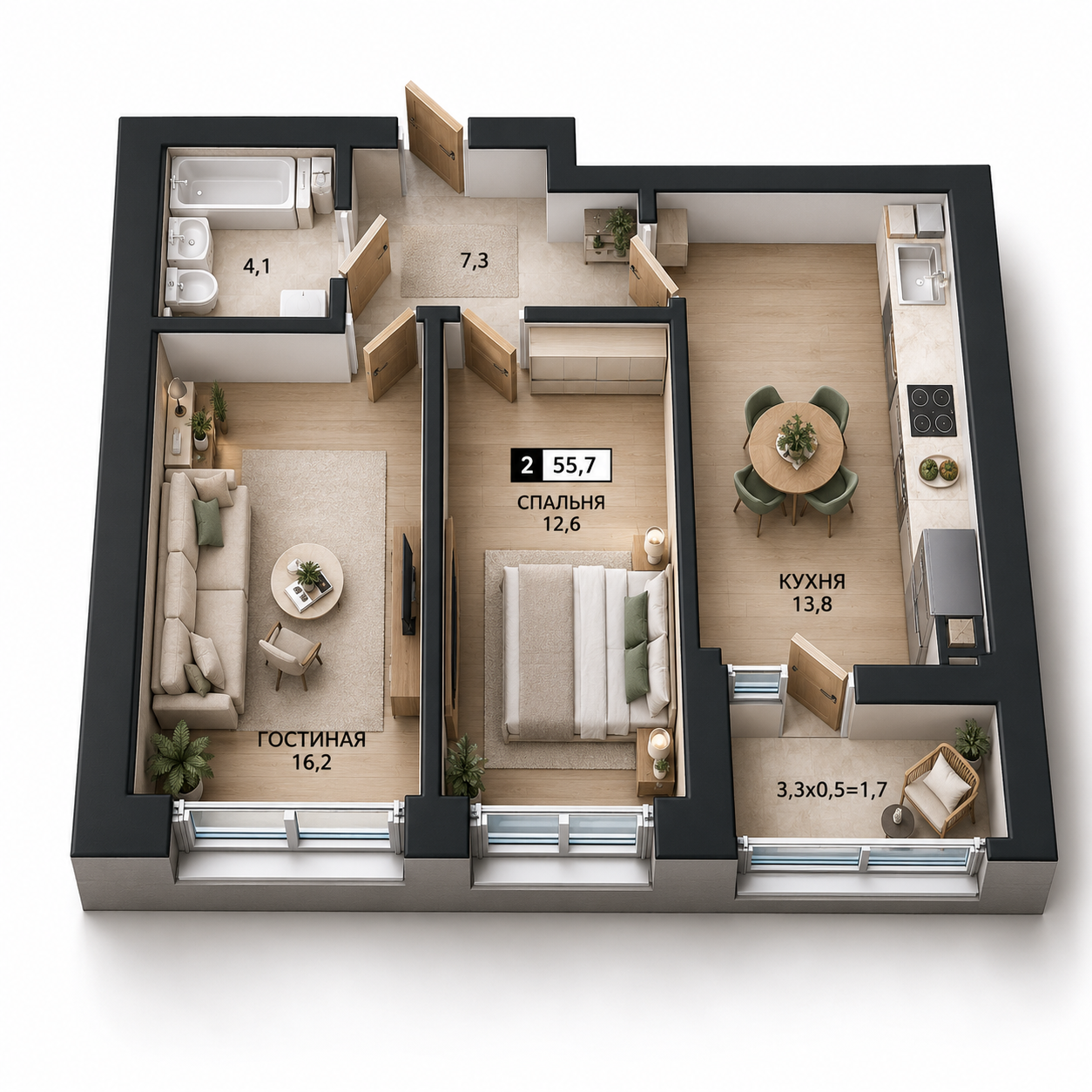 3D-планировка двухкомнатной квартиры 55,7 м²