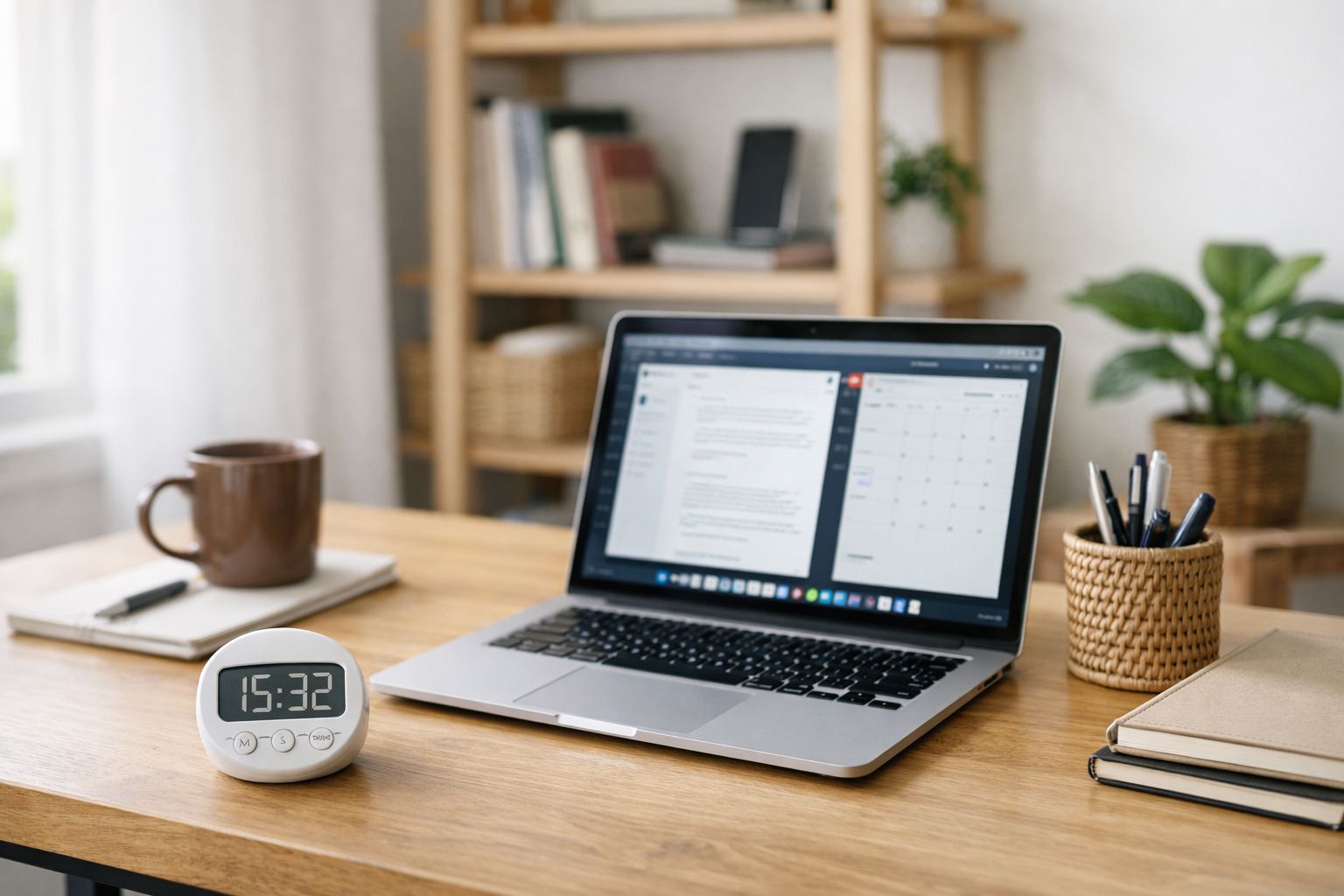 Meja kerja rapi dengan laptop dan timer sebagai setup sederhana untuk fokus 30 menit tanpa gangguan HP