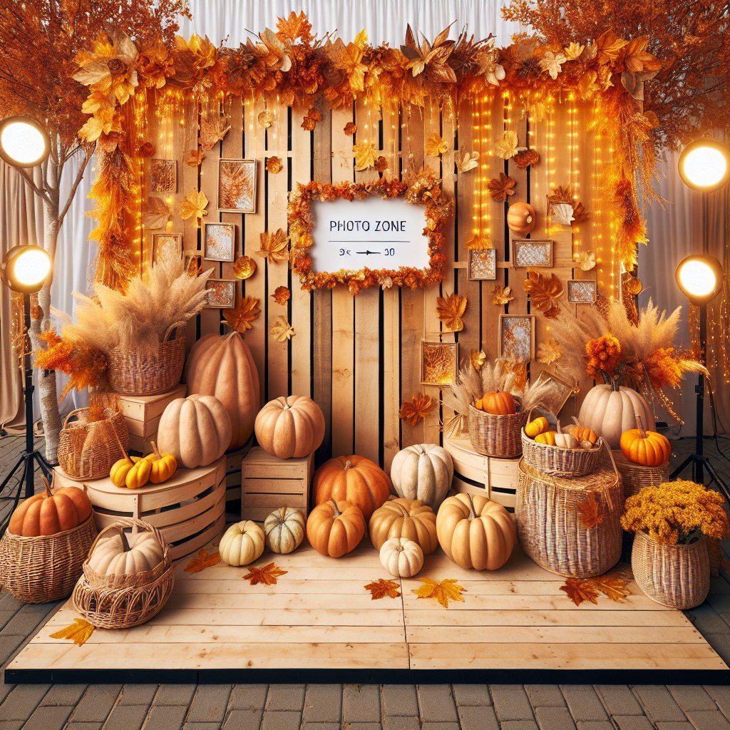 Красивая фотозона для осенней ярмарки с плетеными корзинами и сезонным урожаем