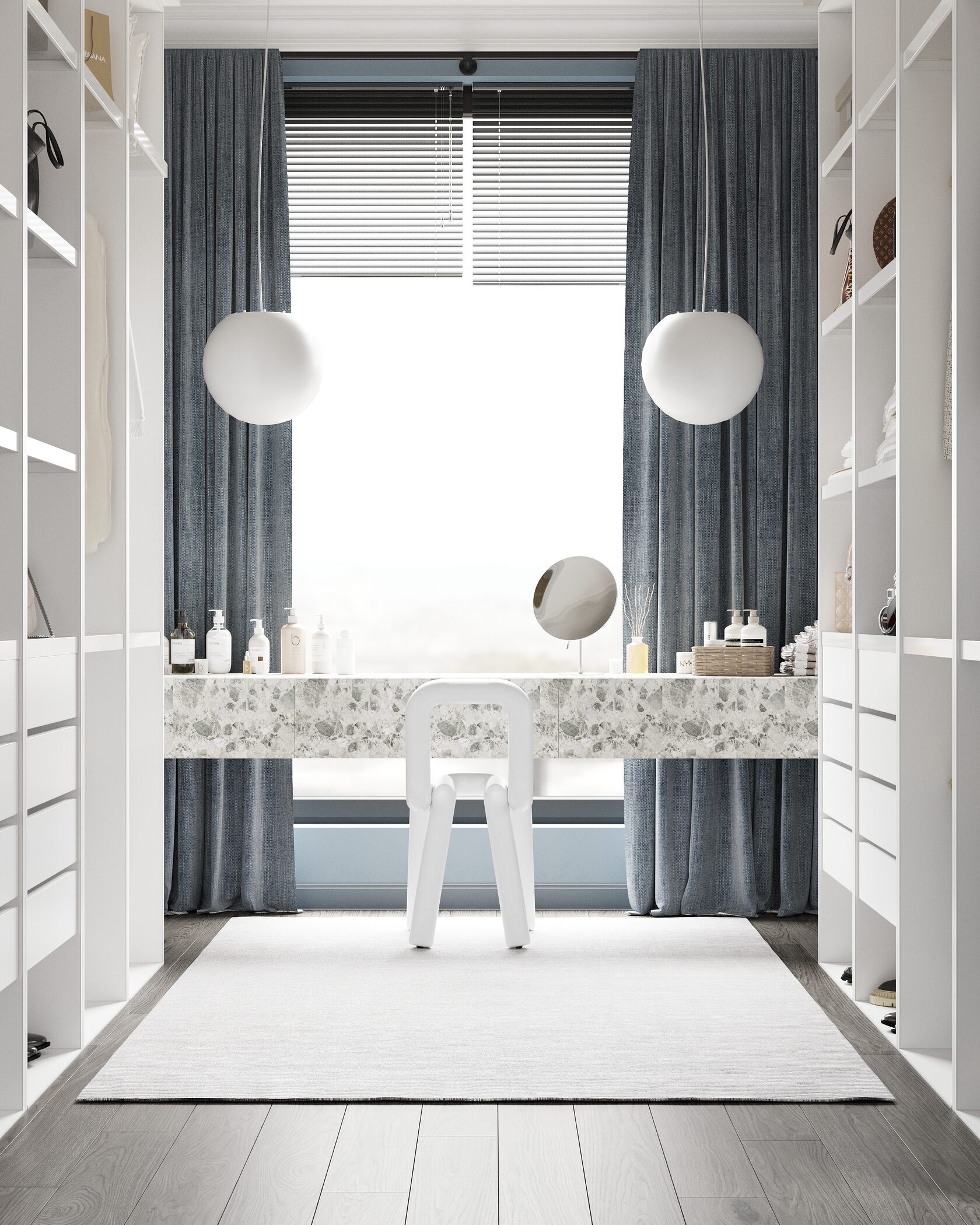 Лучшая гардеробная комната со своим большим столом с видом на участок и необычным стулом