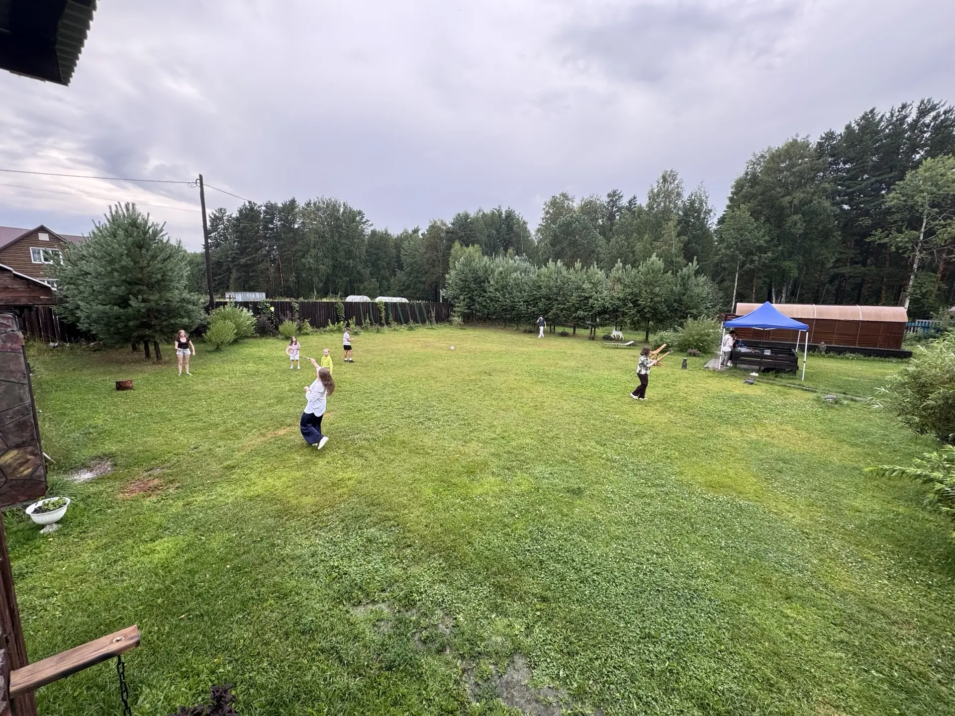 Дети играют на большом зелёном газоне