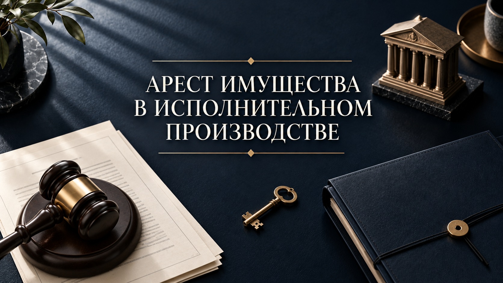 Кремовая папка и золотой ключ в тонкой рамке на тёмно-синем столе