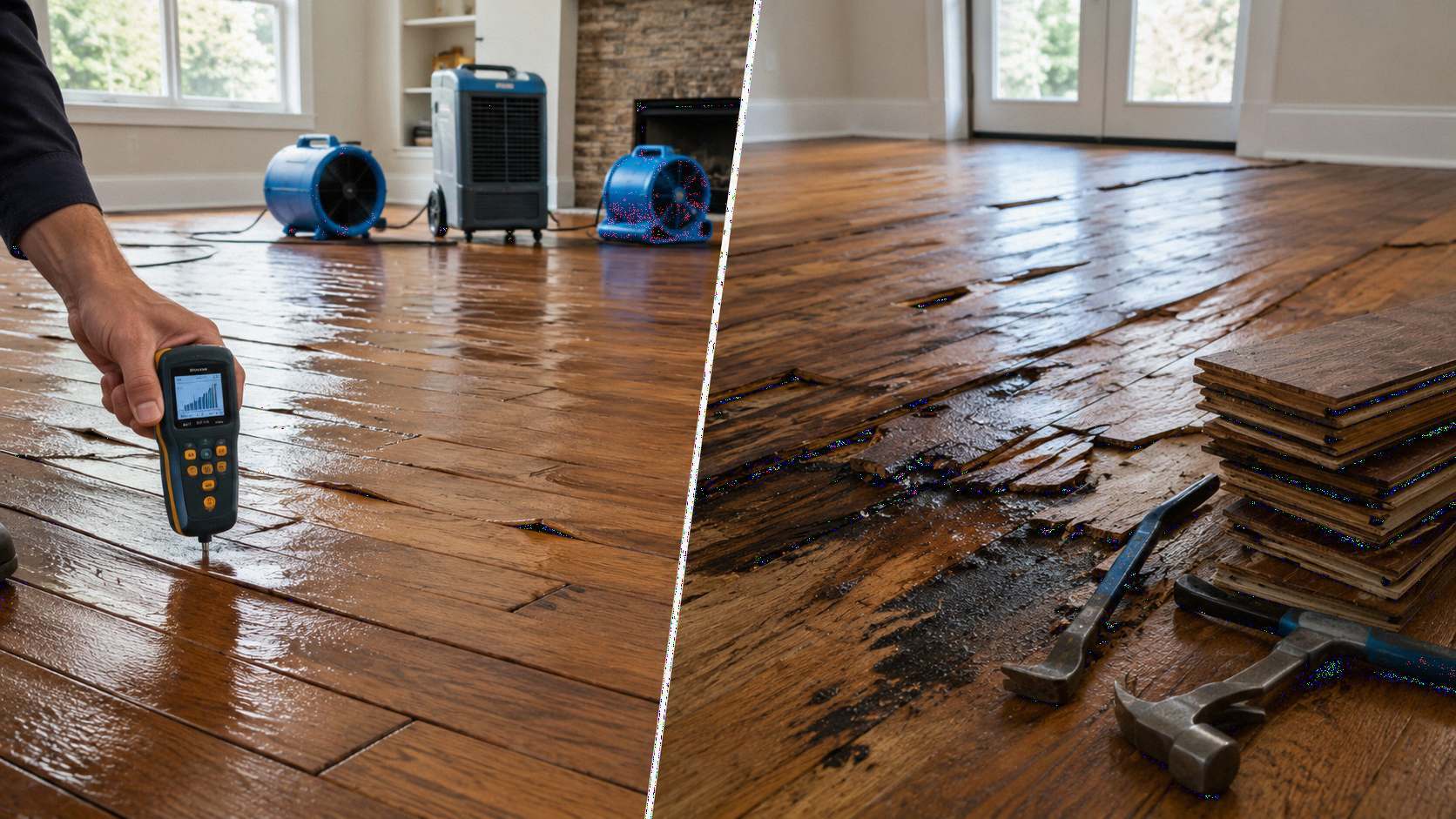 Water-damaged hardwood floor inspection showing a moisture meter wet cupping hardwood boards drying equipment damaged planks subfloor exposure and replacement tools during hardwood floor water damage repair or replace assessment