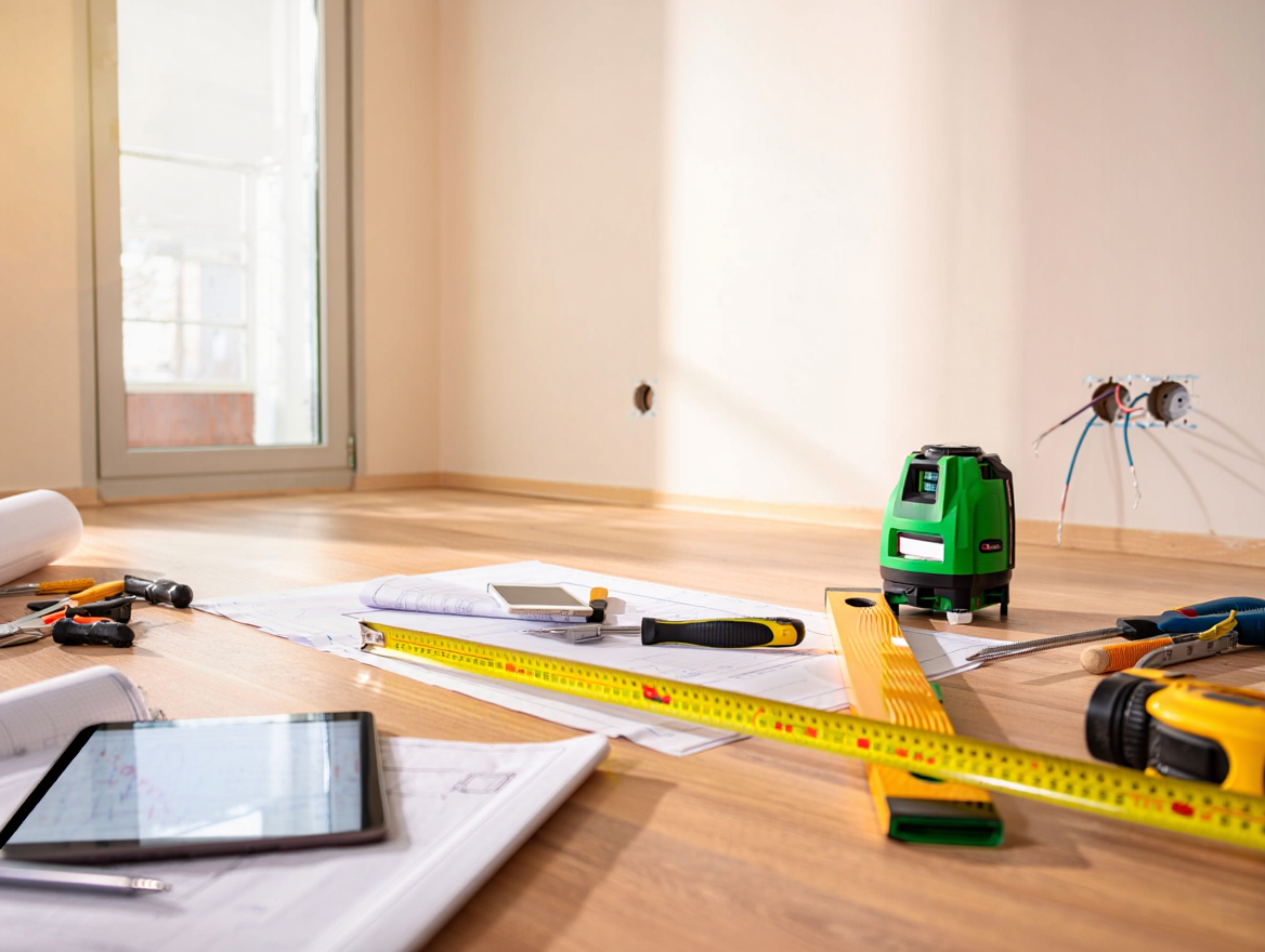 Инструменты и чертежи на полу комнаты во время ремонта: лазерный уровень, рулетка, планшет и схемы электрики на фоне недостроенной стены с проводами — символ подготовки и точных замеров перед отделкой.