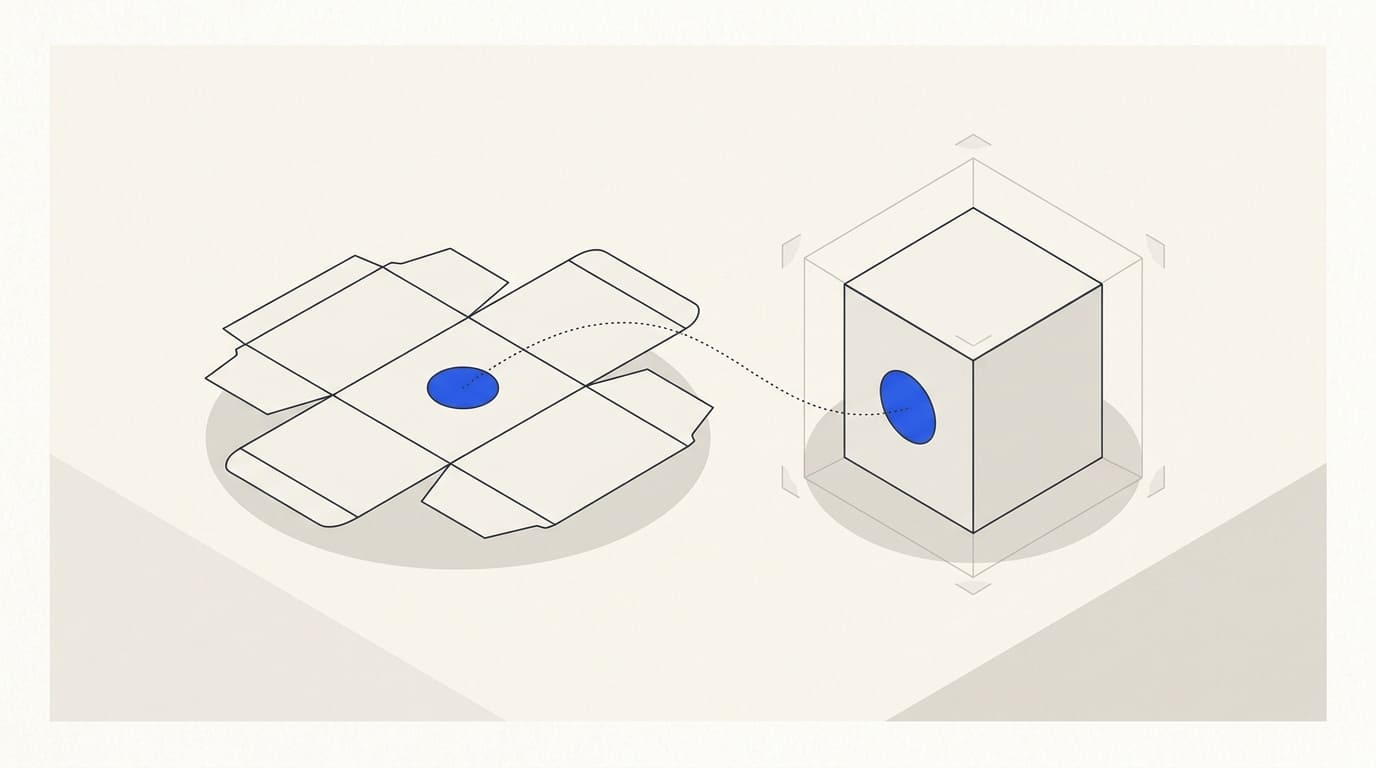 A carton net and assembled box share a circular design element, with a transparent checking frame around the box.