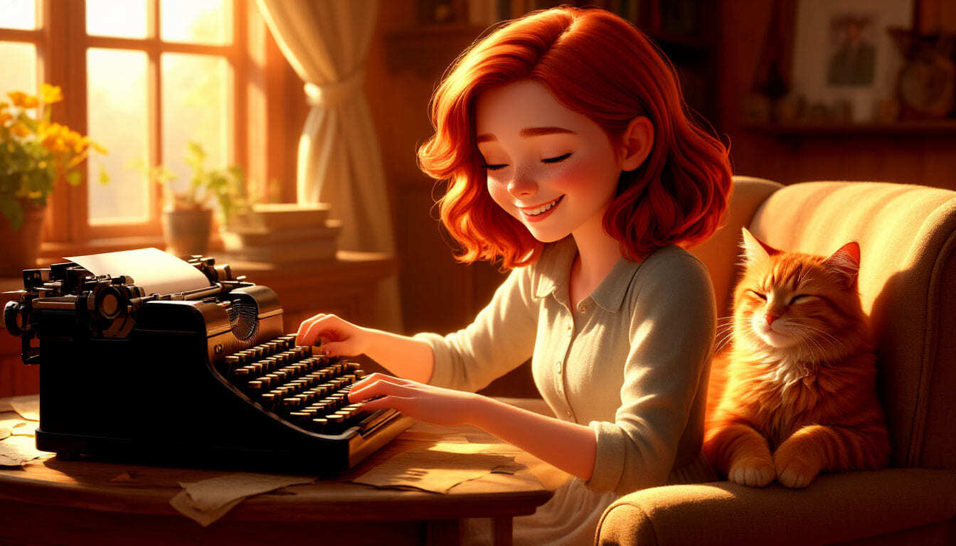 Девушка с рыжими волосами улыбается, печатая на печатной машинке в комнате наполненной солнечным светом, рядом на кресле спит рыжий кот