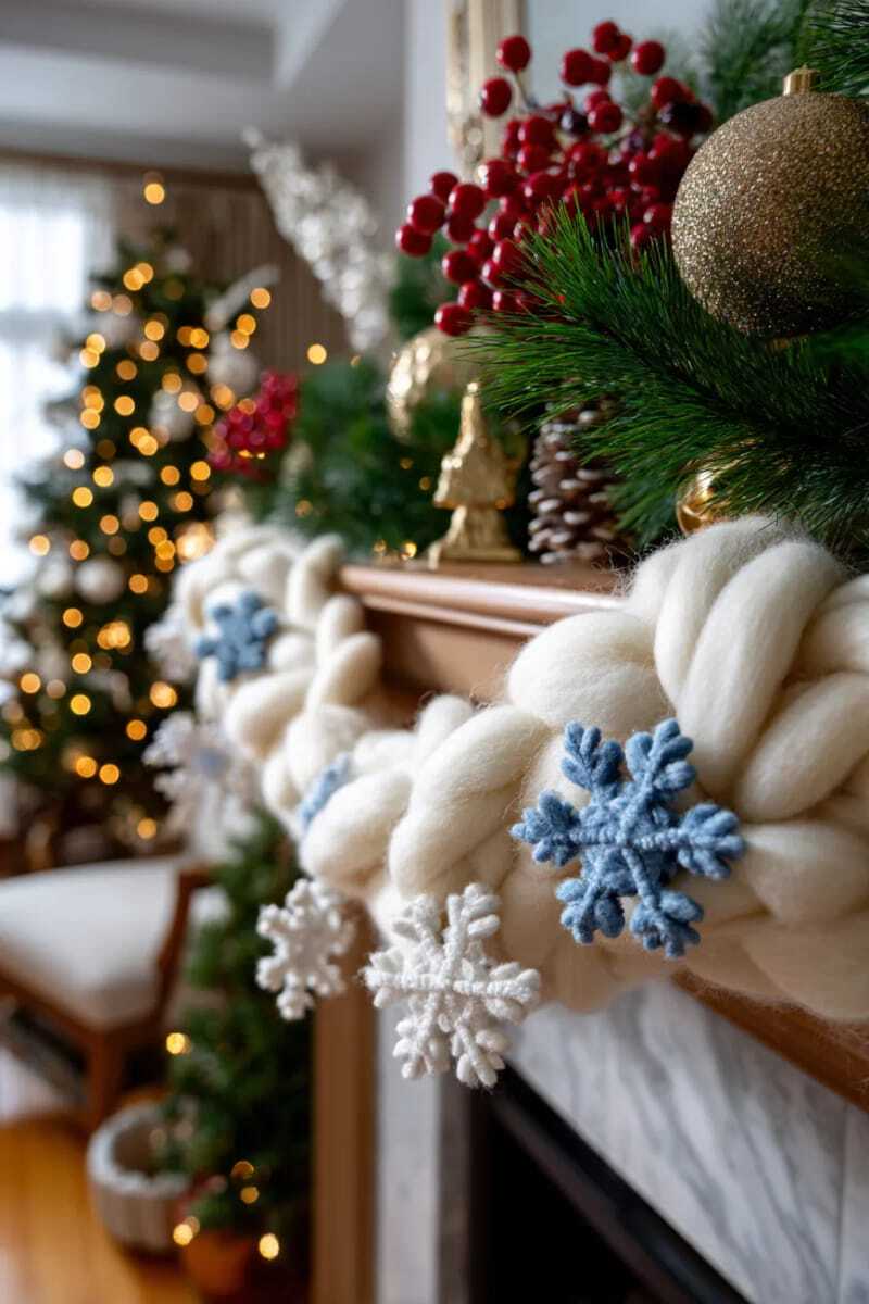 очень пушистая шерстяная гирлянда с вкраплениями миниатюрных войлочных снежинок 1