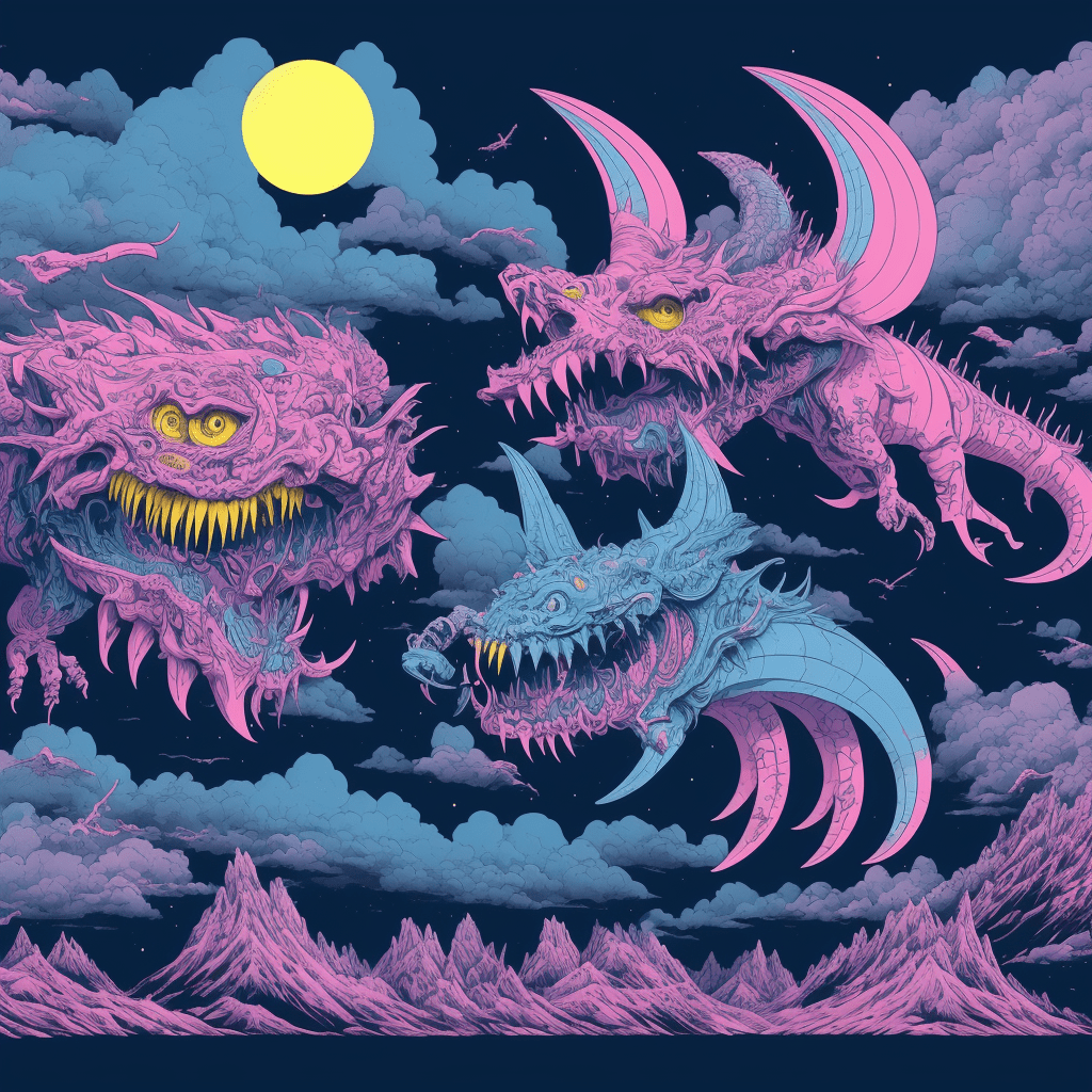 graphic concept art by person, in the style of gary panter, dark sky-blue and pink, otherworldly grotesquery, tooth wu, cyclorama, dark yellow and pink, hyper-detailed illustrations