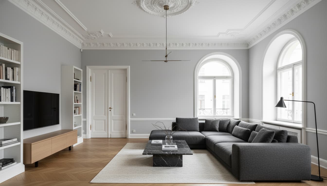 Элегантная гостиная в питерской квартире с высокими потолками, лепниной и современным диваном