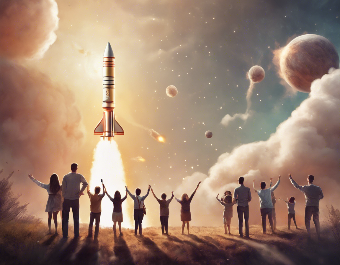 запуск ракеты, символизирующий запуск сайта, с радующейся командой на заднем плане