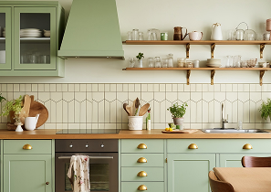 Зеленая кухня с деревянными элементами, оформленная по принципам фэн-шуй