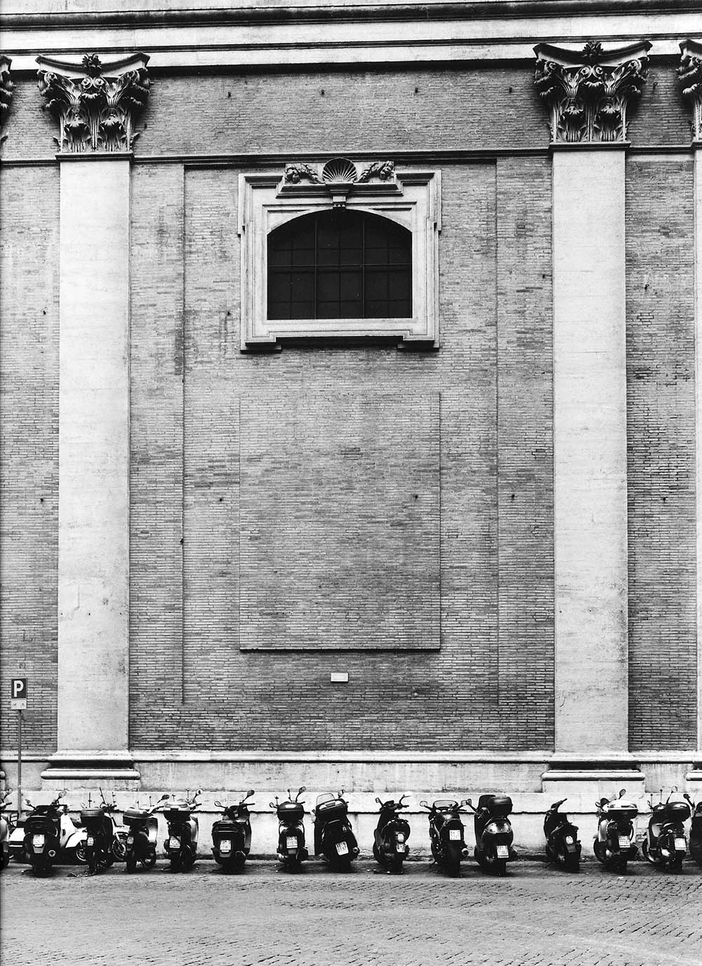 Wall and Scooters. Rome. 2006. BW Negative 6×7.