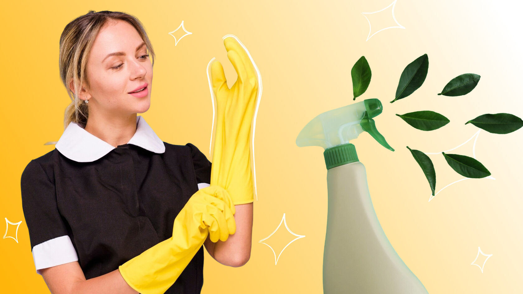 Клинер в перчатках рядом с распылителем — иллюстрация профессионального подхода и обучения в клининге.