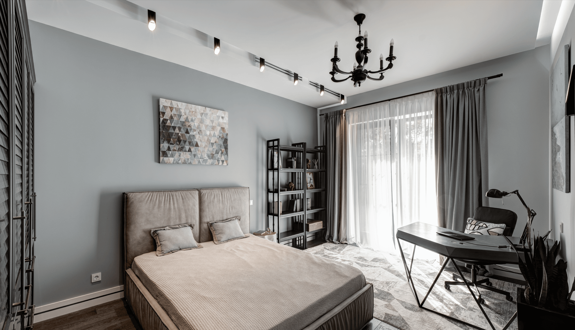 ЖК парк Рублево - Дизайн интерьера спальня, светильники, картина,стеллаж, кровать, стол