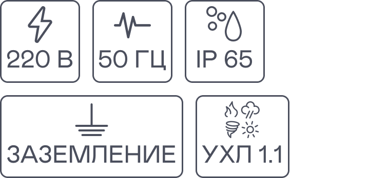 защита 220 в, сеть 50 гц, пыле влаго защита ip65, заземление, ухл 1.1