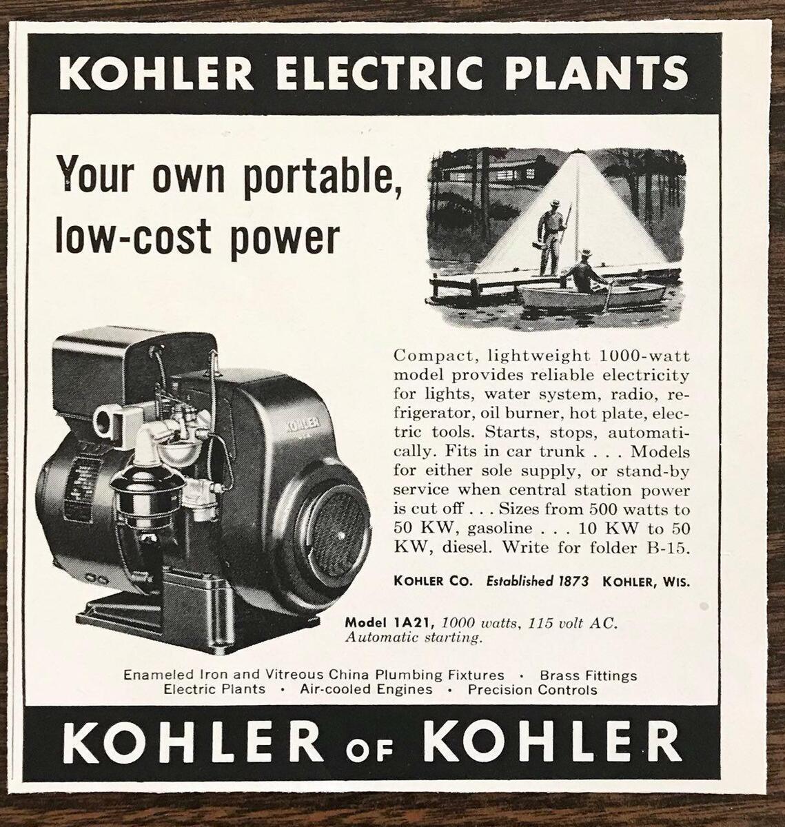 Реклама портативного генератора KOHLER для кемпинга, 1950-е годы.