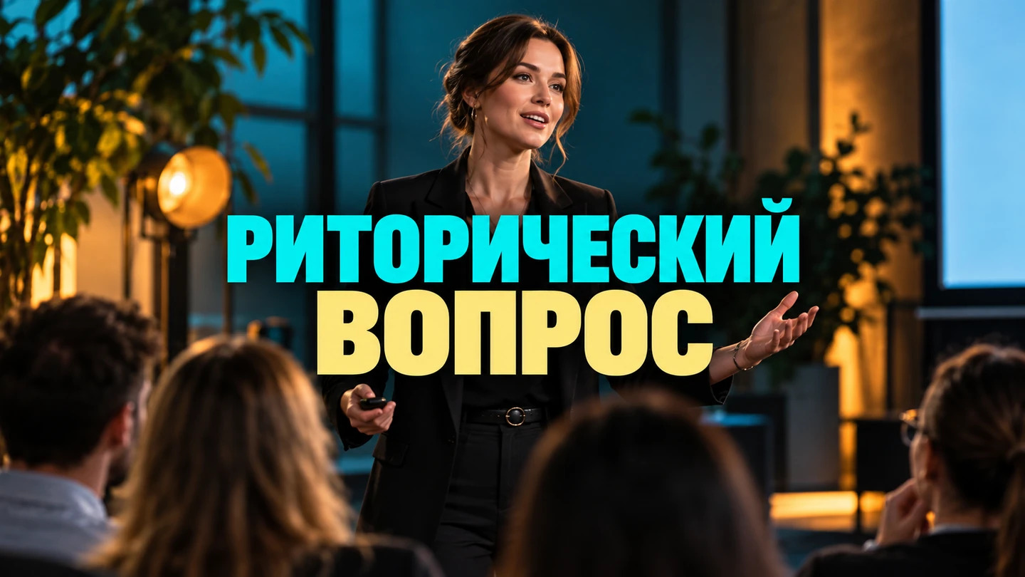 Обложка статьи «Риторический вопрос: как использовать его в выступлении уместно»: Женщина выступает перед небольшой аудиторией; надпись «Вопрос в выступлении». Заголовок «РИТОРИЧЕСКИЙ — ВОПРОС» встроен в изображение.
