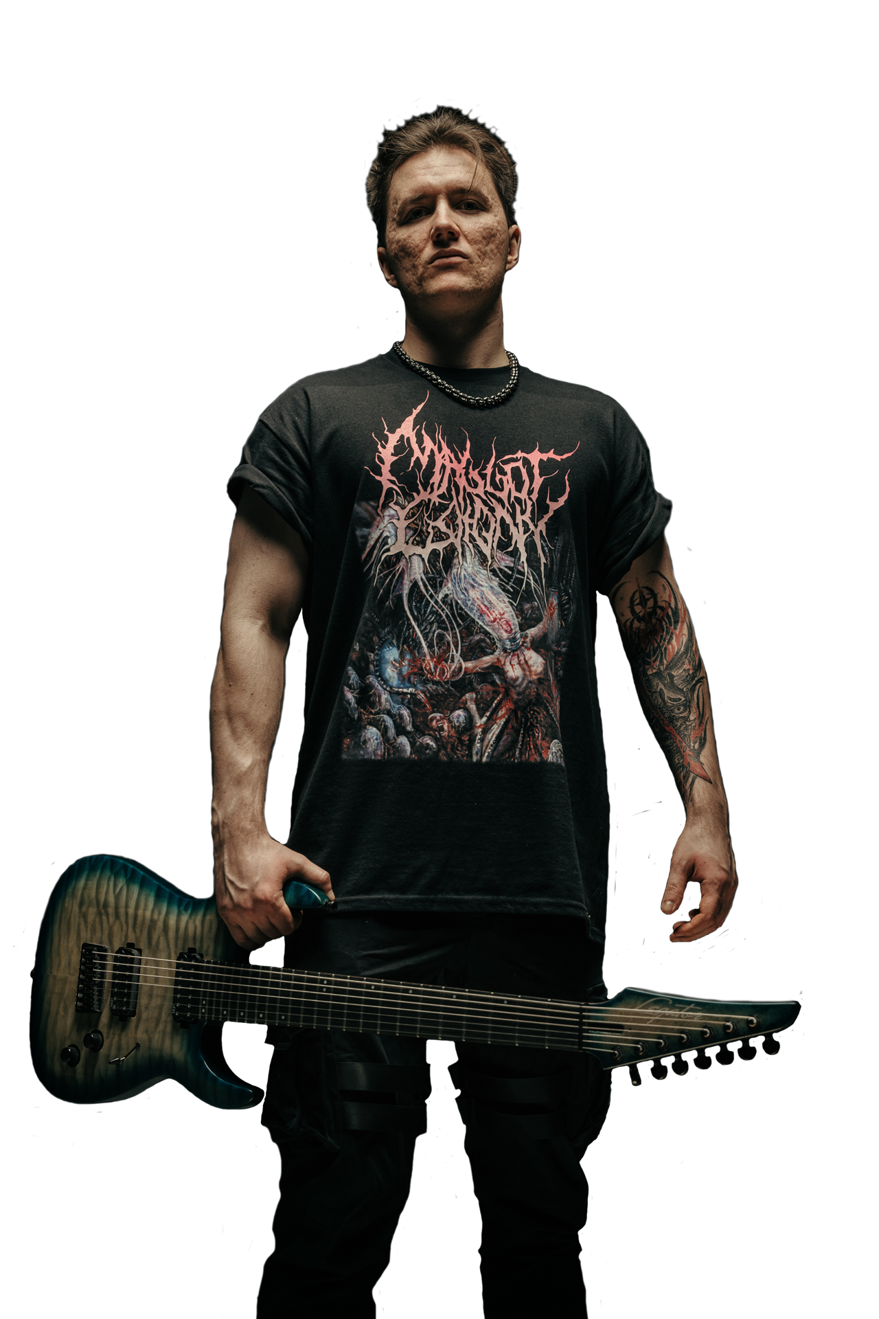guitarist holding his guitar on his arm