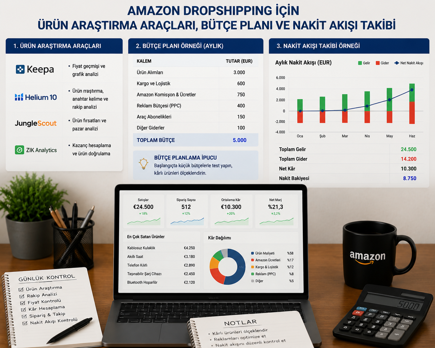 Amazon dropshipping için ürün araştırma araçları bütçe planı ve nakit akışı takibi