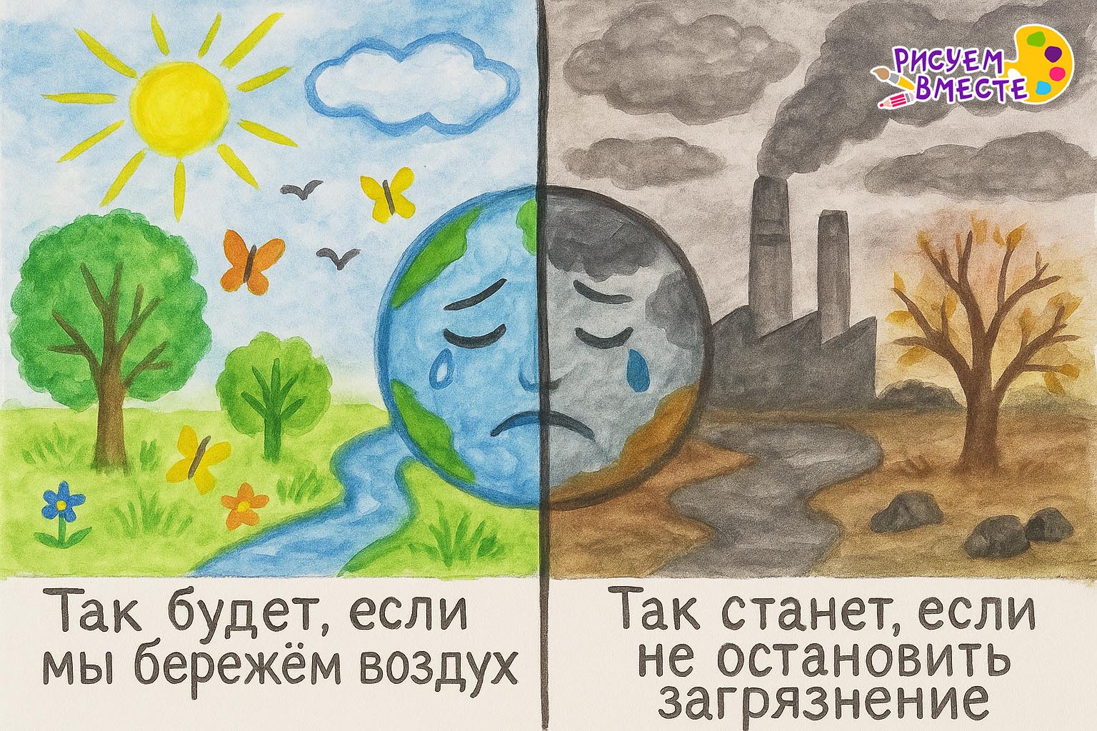 Детский рисунок красками сравнение природы до и после загрязнения. Слева солнечный день зелёные деревья река бабочки и птицы надпись «Так будет если мы бережём воздух». Справа серое небо дым заводские трубы увядшие деревья загрязнённая река надпись «Так станет если не остановить загрязнение»