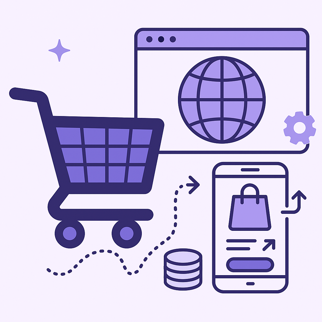 Illustration of global e-commerce with a shopping cart, smartphone, browser window with globe icon, and digital payment symbols in purple tones