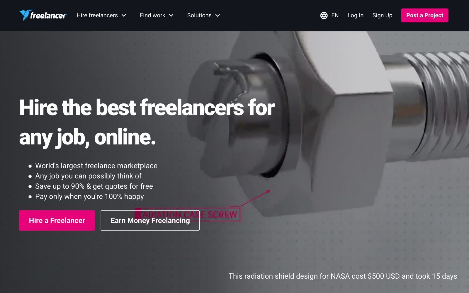 Screenshot of the Freelancer.com homepage with the headline Hire the best freelancers for any job, online, and buttons to hire a freelancer or earn money freelancing