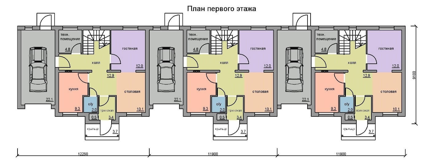 Проект таунхауса на 3 семьи с отдельными входами без гаража