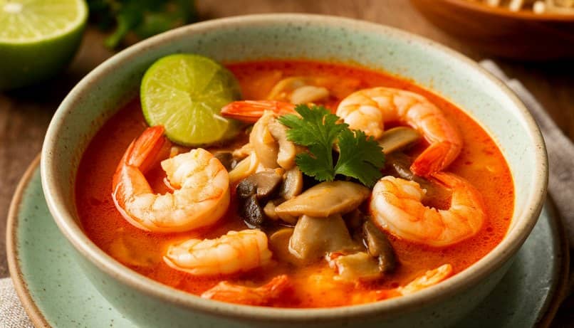 Суп Том ям с креветками и грибами на кокосовом молоке