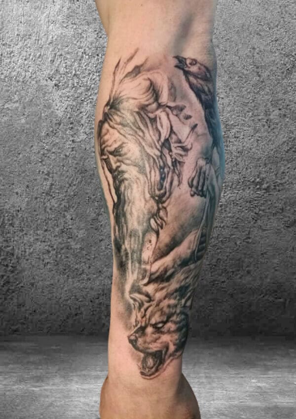 тату реализм, тату волк, ворон, сделать тату в Перми
