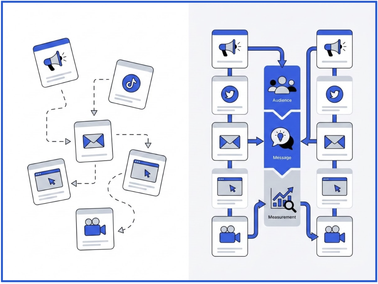 On the left, channels operate separately; on the right, one audience, message and measurement spine connects them.