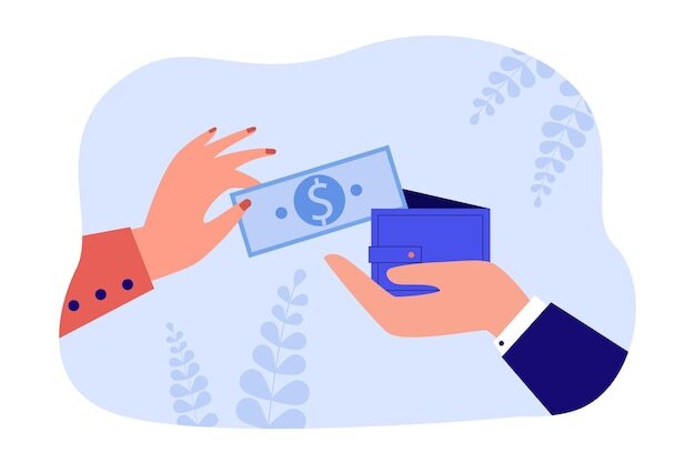 Womans hand putting dollar bill into open mans wallet. Payment and transfer of money to person holding purse flat vector illustration. Finance concept for banner, website design or landing web page