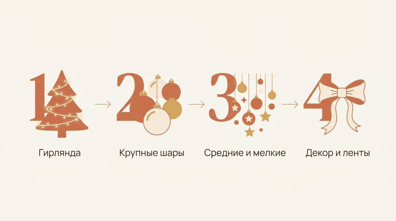 Семейная ёлка с разнородными украшениями, объединёнными одним стилем