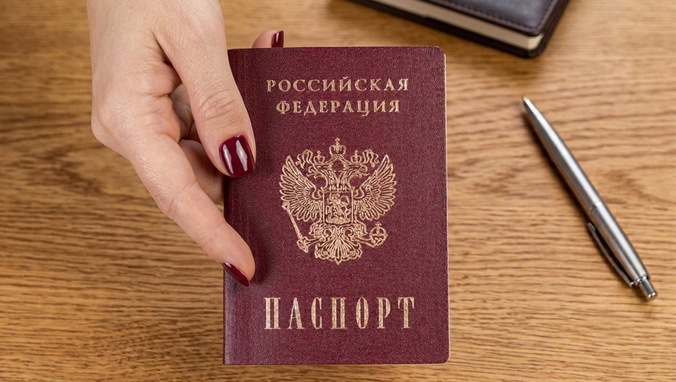 Паспорт Российской Федерации в руке на деревянном столе