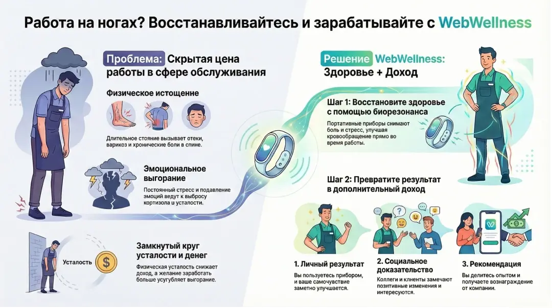 Инфографика: Работа на ногах? Восстановливайтесь и зарабатываете с WebWellness