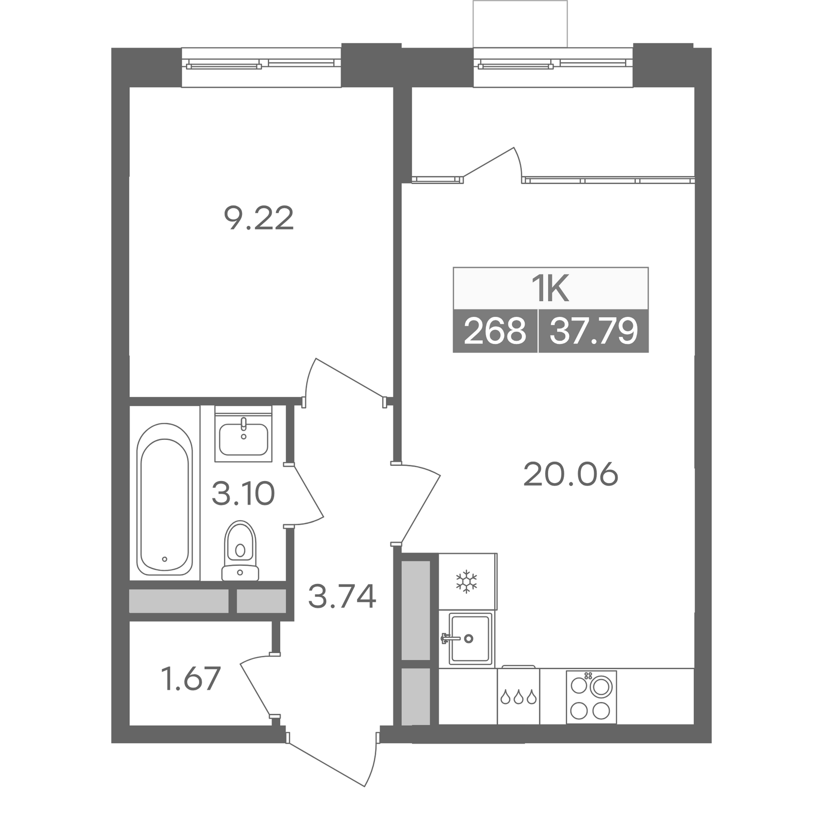 Планировка однокомнатной квартиры 37.79 м² в доме 1 ЖК Новая Жизнь