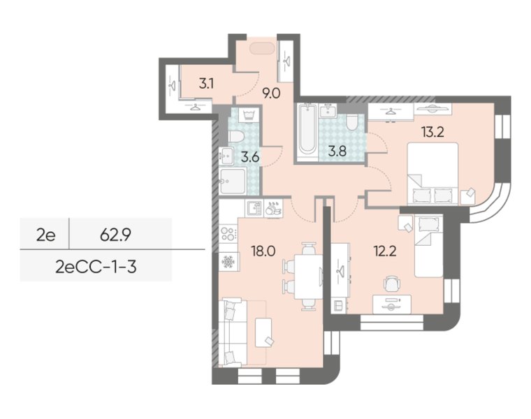 Планировка 2-комнатной евроквартиры 62,9 м² в ЖК «МАРК»: дом 33, 3-й этаж