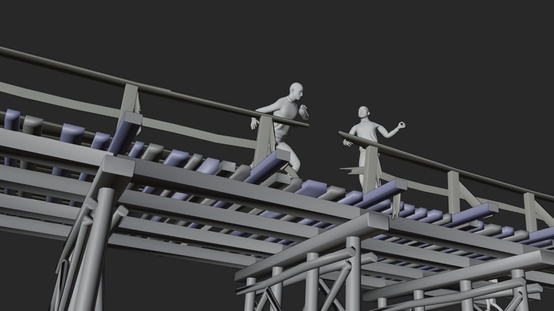 Blender: мост из примитивов, вид снизу, две болванки