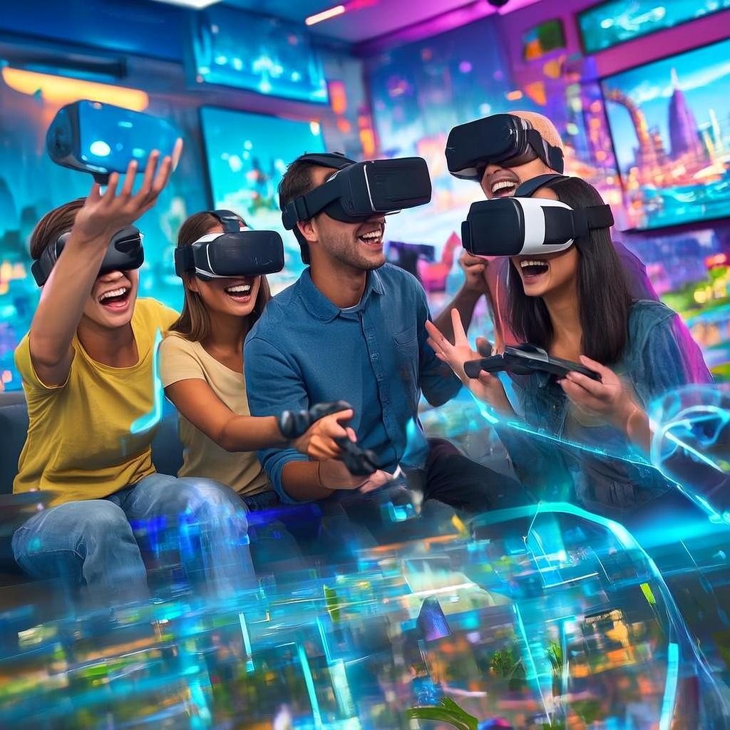 Многопользовательская VR игра - команда из 4 человек в виртуальных очках координирует действия
