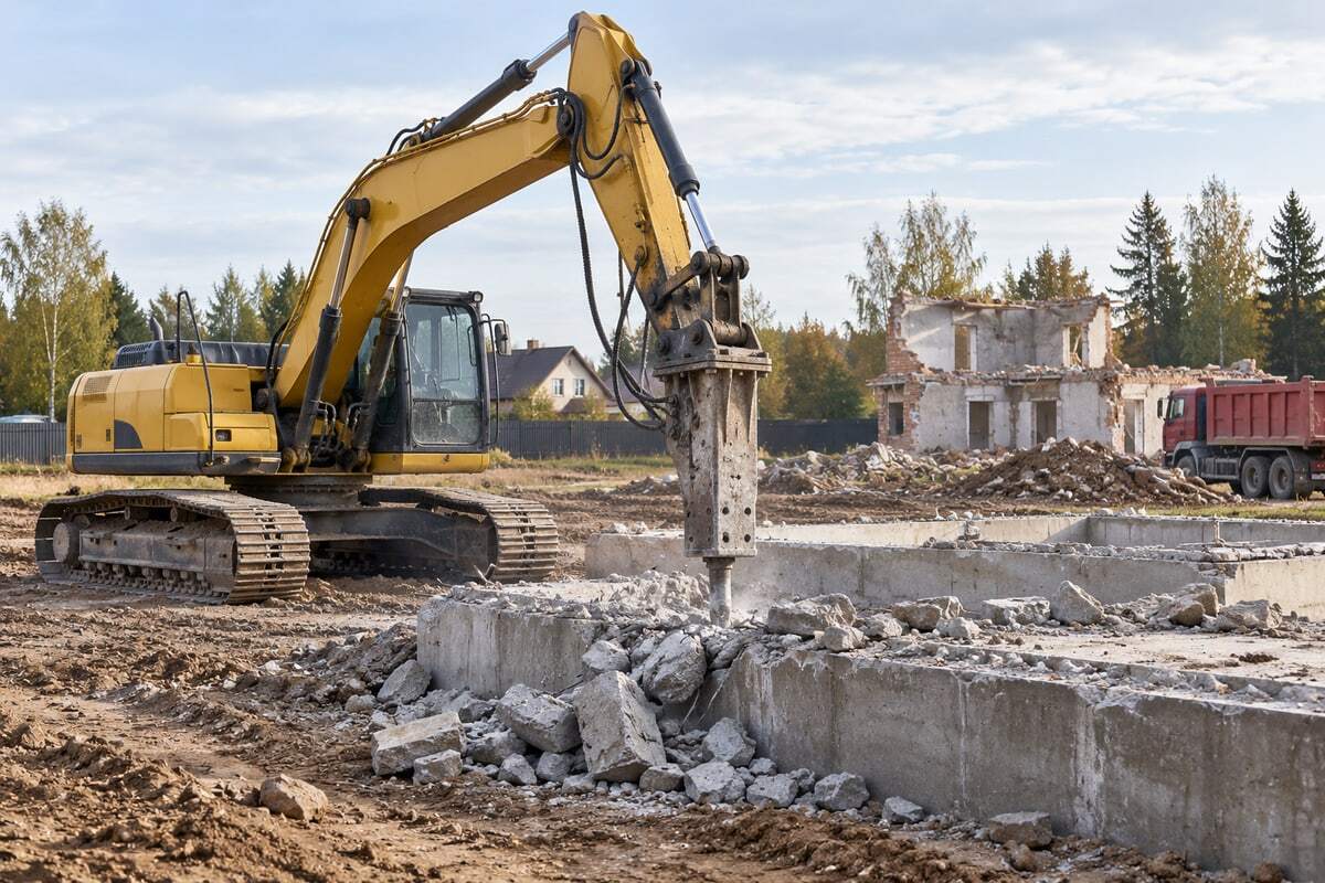 Экскаватор с гидромолотом демонтирует бетонный фундамент