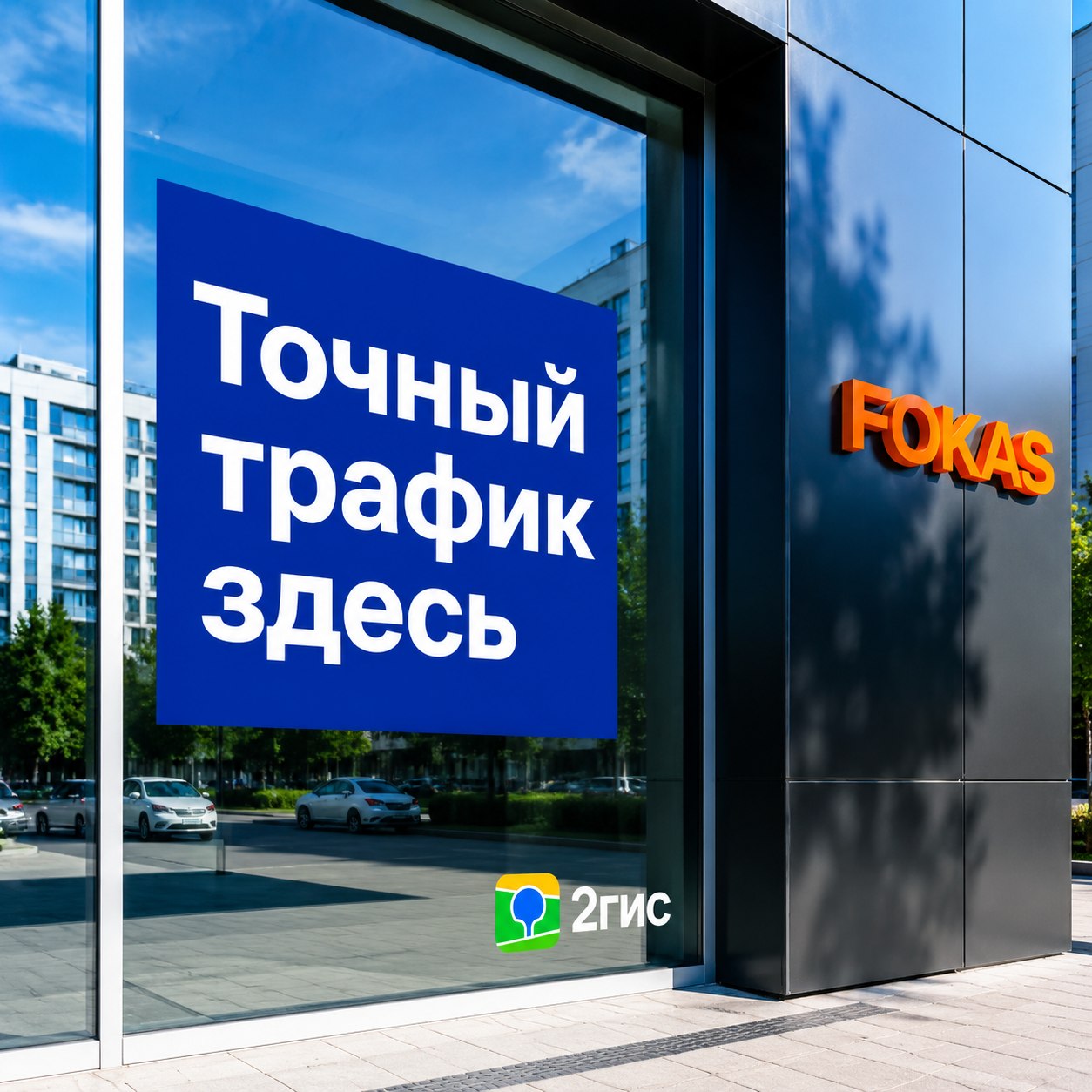Городской фасад с наклейкой Точный трафик здесь и вывеской FOKAS в фирменных сине-оранжевых тонах с иконкой 2гис