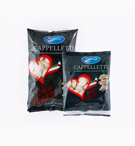 Пельмени «Каппеллетти» от производителя Мерилен — замороженные полуфабрикаты, приготовленные по итальянскому рецепту с начинкой из свинины, говядины. Упаковка: 400 гр./800 гр.