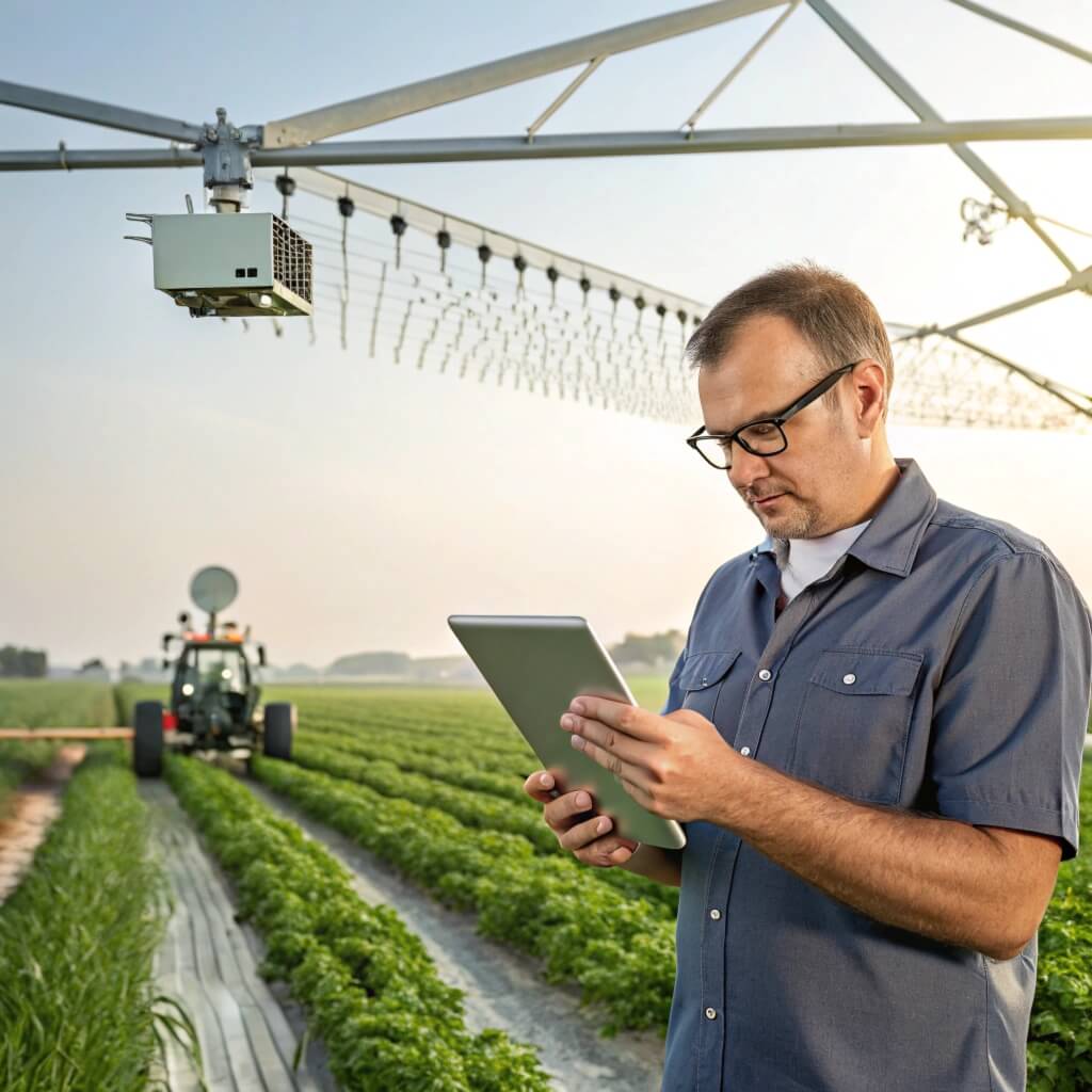 Мужчина с планшета управляет сельхозтехникой