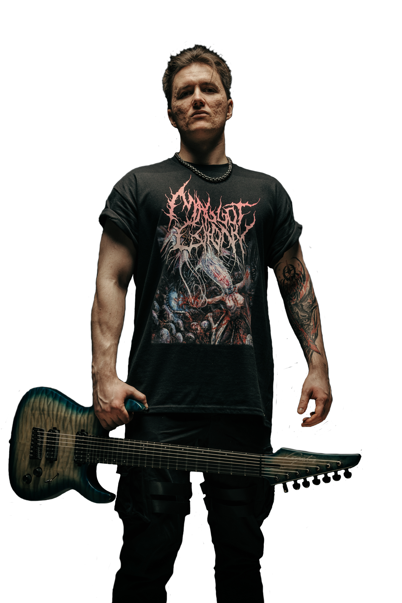 guitarist holding his guitar on his arm