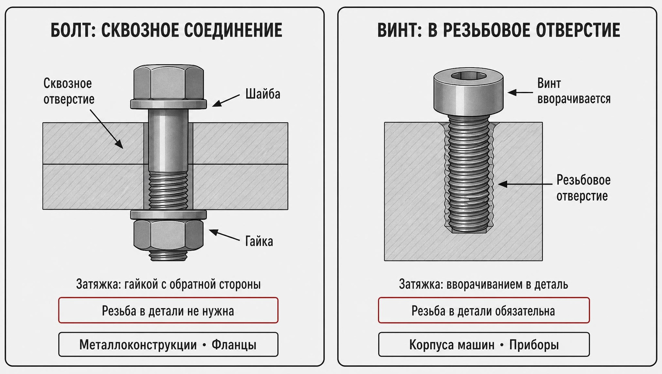 Виды соединений в болте и винте