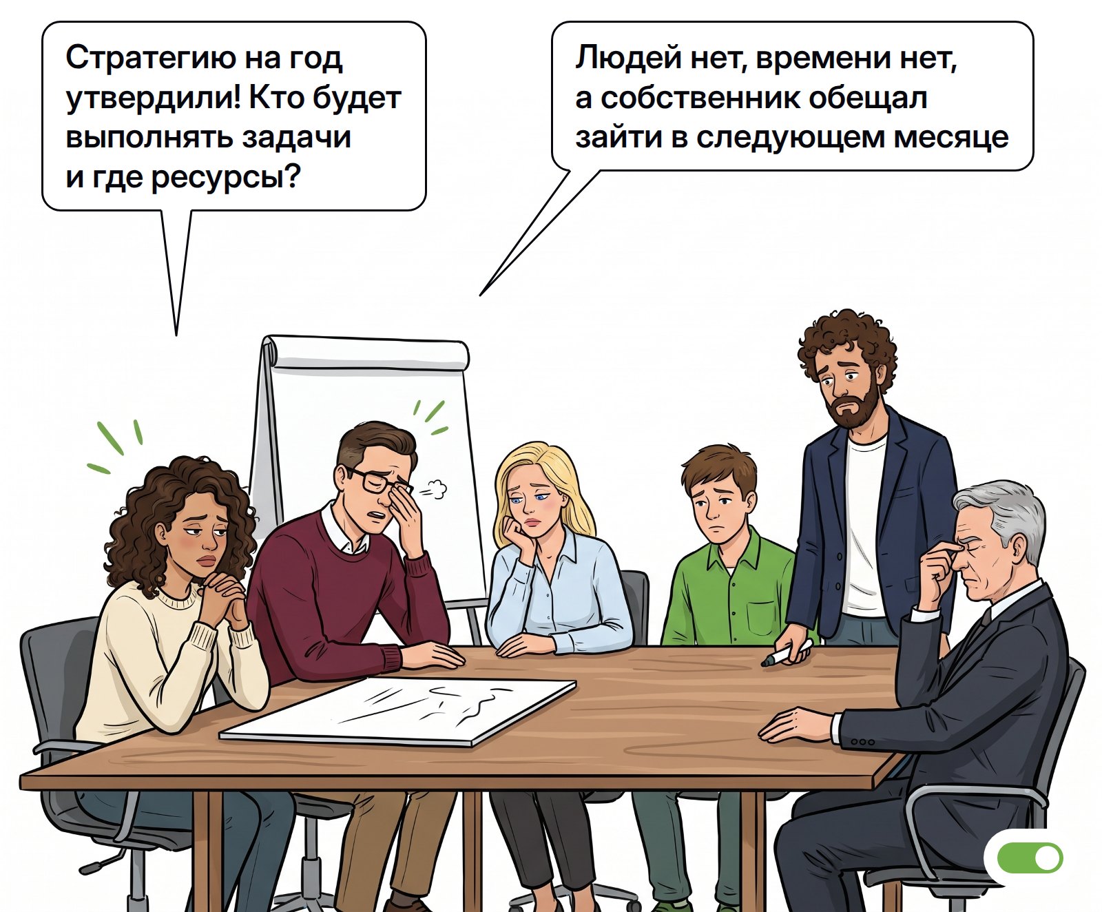 Команда обсуждают принятые на сессии решения при отсутствии ресурсов и личного участия собственника. Реплики: «Стратегию на год утвердили! Кто будет выполнять задачи и где ресурсы?» — «Людей нет, времени нет, а собственник обещал зайти в следующем месяце»