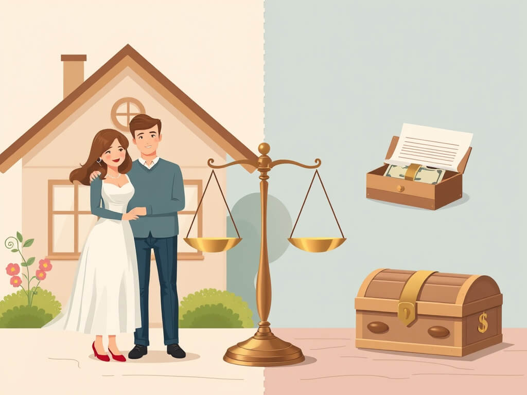An illustrative scene split into two parts: On the left, a couple stands in front of a cozy home, symbolizing marital partnership. On the right, symbols of inheritance — a stamped document and a treasure chest of money. Between the two sides is a dotted l